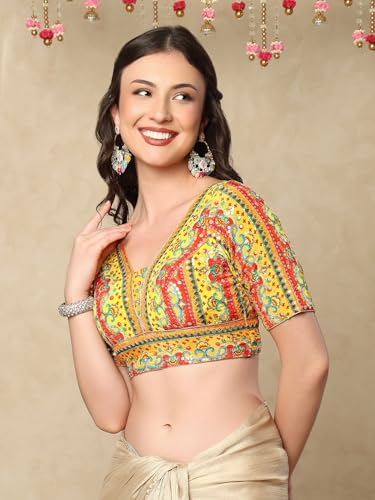 Yellow Silk V-Neck Embroidered Readymade Saree Blouse