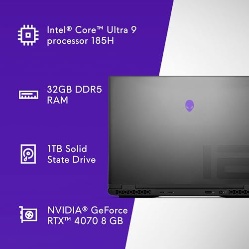 Alienware M16 R2 Gaming Laptop with AI Enabled - 16" QHD+ 240Hz Display, Intel Core Ultra 9 185H, 32GB RAM, 1TB SSD, NVIDIA GeForce RTX 4070, AlienFX RGB backlit keyboard, Dark Metallic Moon, 2.61kg