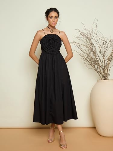 Pink Paprika by Sassafras Women Black Poplin Front Corsage Strappy Maxi Dress L