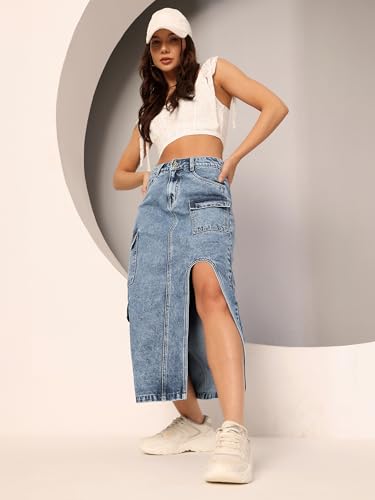 Dolce Crudo Women's Flared High-Rise Stretchable Denim Maxi Skirt (DOSS24DEN79-05-329-38, Steel Blue, 3XL)