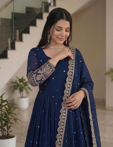 Leeli Peeri Designer Women's Vichitra Silk Sequence Work Anarkali Kurta with Trouser and Dupatta