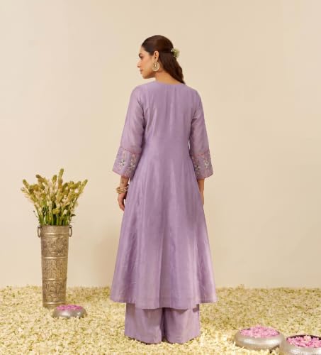 Women's Embroidered Silk Blend Kurta With Palazzo And Dupatta