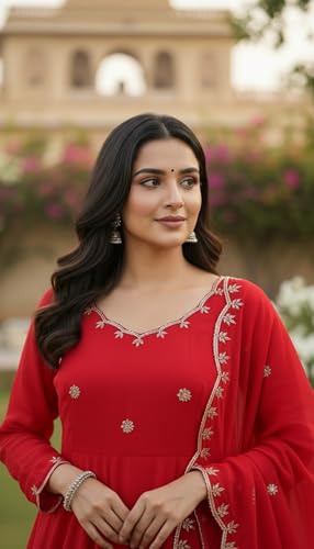 Leeli Peeri Designer Women's Vichitra Silk Embroidery Work Anarkali Kurta with Trouser and Dupatta