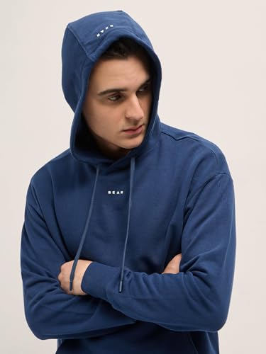 THE BEAR HOUSE Men's Navy Blue Solid Relax Fit Hoodie
