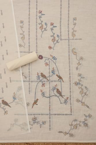 Soch Womens Cream Linen Blend Bird Motifs Unstitch Dress Material With Thread Work