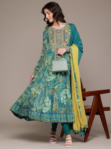 Blue Floriant Print Kurta with Churidar and Dupatta