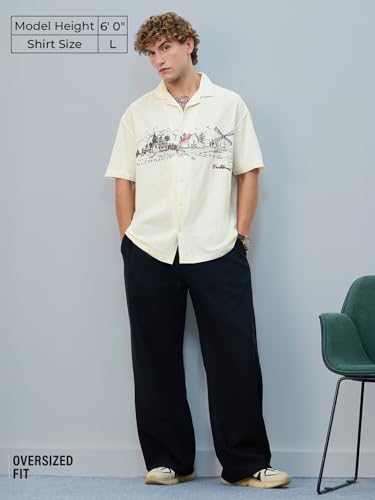 The Souled Store Earthbound Hawaiian Shirt: Men and Boys Short Sleeves Collared Neck Embroidered Cotton Blend Oversized Casual Shirt |Cream, XS