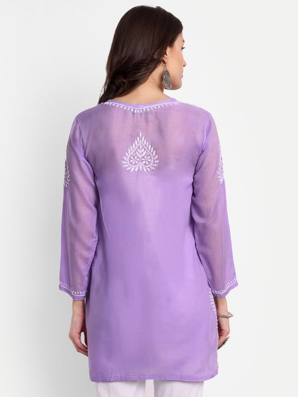 Ada Hand Embroidered Lucknowi Chikankari Cotton Straight Short Kurti Top for Women A911343 Lavender (M)