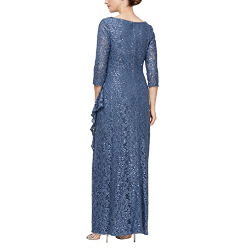 Alex Evenings Women's Long 3/4 Sleeve, Mother of The Bride Dress W/Cascade Ruffle and Front Slit, (Petite and Regular Sizes), Wedgewood Sleeve, 16