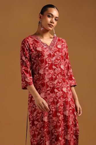 Soch Womens Red Rayon Botanical Print Kurta with Mirror Work