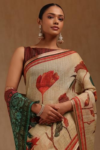 Soch Womens Beige Linen Blend Botanical Print Saree With Zari Woven