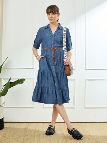 Latin Quarters Women's Blue Solid Half Sleeves Collar Neck Casual Fit & Flared Dress_S