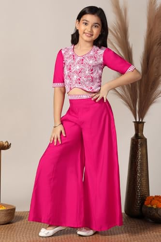Fashion Dream Girl's Silk Blend Ethnic Top and Palazzo Set |Kids Salwar Suit Set|Embroidered Suit for Girls|Indo Western Set (FDGSET00226 PNK 24_Pink_5-6 Years)