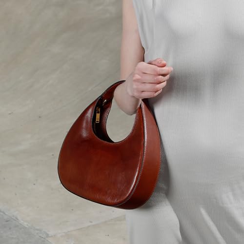 Time Resistance Leather Handbag - Purse for Women - Moon Bag - Top Handle Bag – Crescent Hobo Bag, Cognac Brown