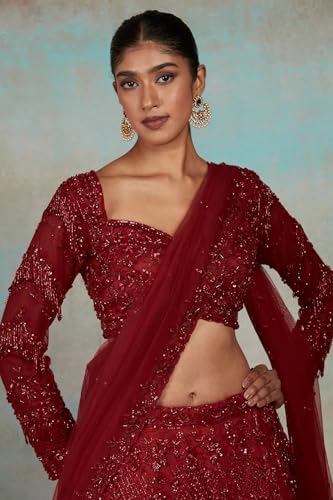 Women's Red Net Reception Lehenga with Sweetheart Neck