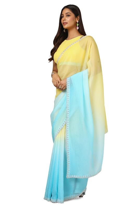 Soch Womens Yellow Tissue Ombre Saree With Stone Work