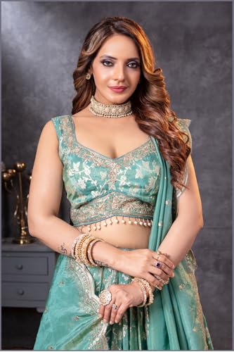 ADHIA Women's Embroidered Lehenga Choli with Dupatta | Silk Blend Wedding Lehenga Set | Traditional Indian Dress (Lehenga, Dupatta, Blouse, Light Green, Size - L)