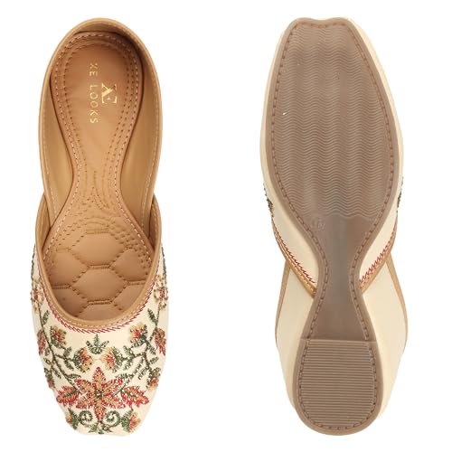XE Looks Women's Cream Ethnic Punjabi Juttis | Traditional Embroidered Flats | Floral Design with Soft Cushioned Footbed | Comfortable & Stylish Punjabi Juttis for Girls & Women