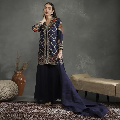 BIBA Women's Silk Chanderi Kurta Sets (CKD10746AW24BLU_Blue