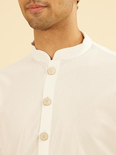 Manyavar Men's Knit Self Design Buttoned Mid Length Kurta(White,M)