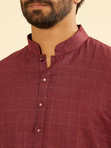 Manyavar Men's Linen Square Grid Printed Kurta (Wine,XXXL)
