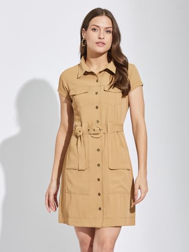 Latin Quarters Women Beige Collar Neck Cap Sleeves Solid Above Knee Shirt Dress for Casual Wear_S