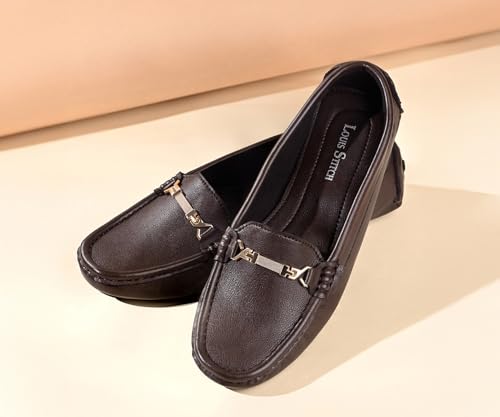 LOUIS STITCH Women’s Brown Premium Slip-On Loafers with Buckle | Elegant Solid Slip-On Comfort Shoes for Casual and Formal Wear | Slip-On Loafer Shoes for Women | LSLD-BLR-HS04-BB | UK-6