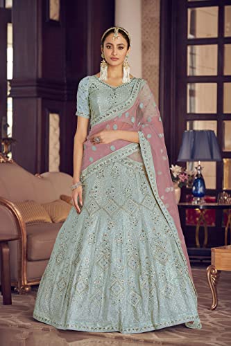 FUSIONIC Turquoise Color Kalidar Lehenga Choli With Contrast Dupatta For Women