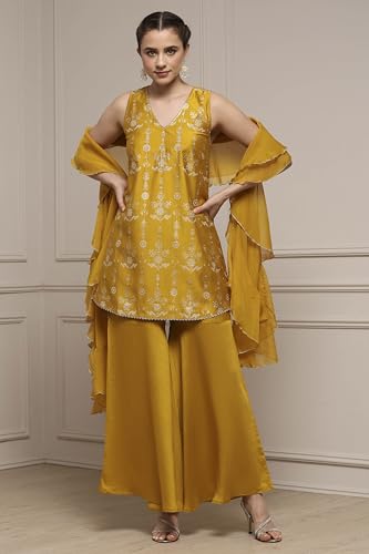 Biba Women Yellow Viscose Blend A-Line Printed Garara Suit Set_40