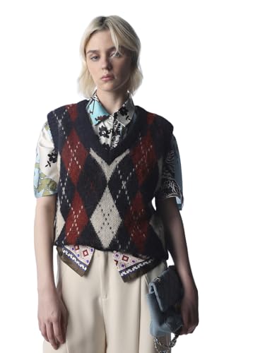 ONLY Women's Colourblocked Regular Fit Navy Blue Sweater