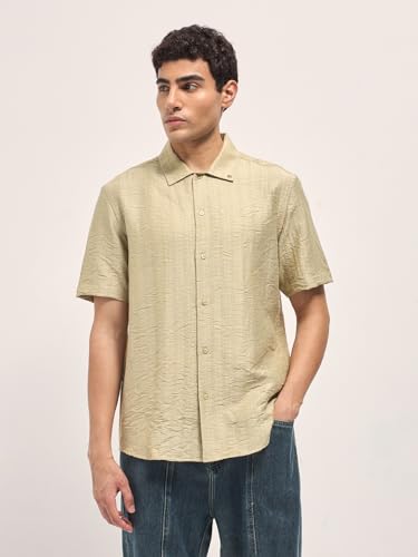 THE BEAR HOUSE Men's Textured Regular Fit Casual Shirt Beige