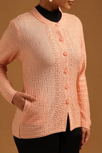 Soch Womens Peach Acrylic Knitted Cardigan with Beads and Stones