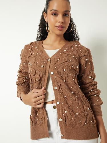 Max Women Pearl Embellished Cardigan (Beige_L)