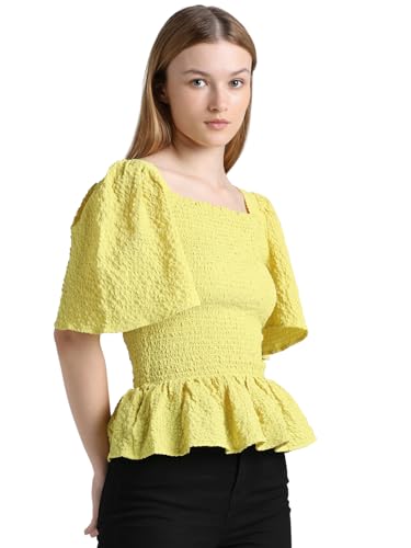 ONLY Women Self Design Polyester Blend Fit & Flare Yellow Peplum Top