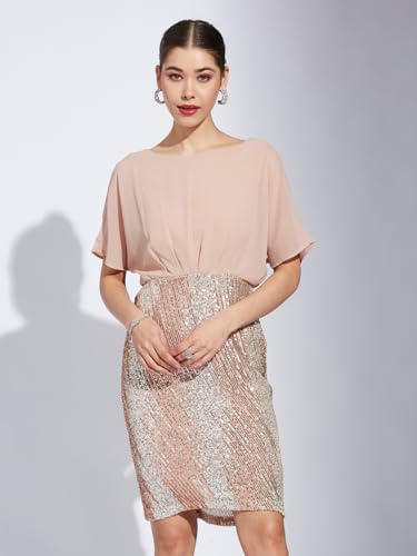 Latin Quarters Women Copper Round Neck Half Sleeve Solid Bodycon Dress_XS