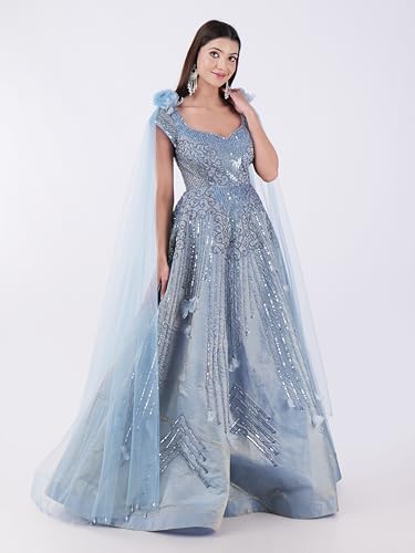 Ice Blue Embellished Sequin Gown with Cape Sleeves, Floor Length A-Line Evening Dress for Women