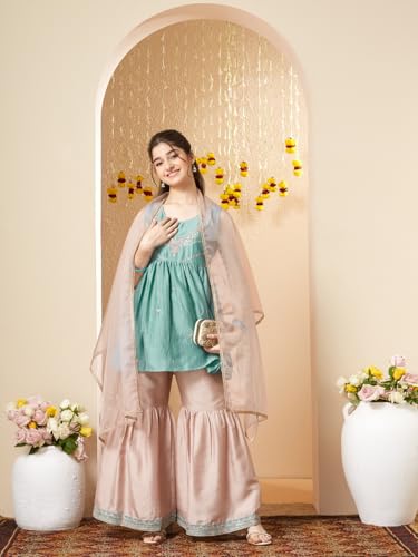 CURLY TALES ALPHA Embroidered Light Blue Kurti Sharara Set with Dupatta for Girls | Round Neck Ethnic Set for Birthday and Festive Parties