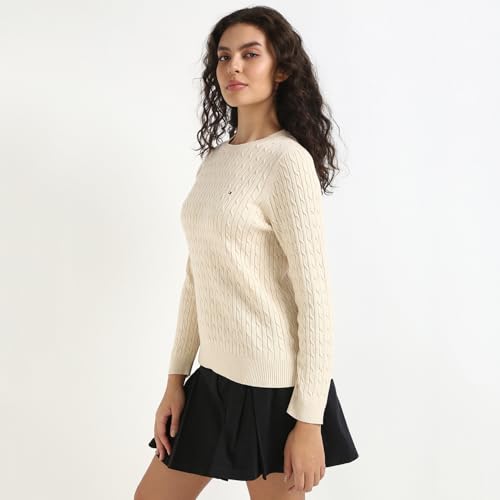 Tommy Hilfiger Women's Cotton Round Neck Sweater (S25HWSW029 Beige