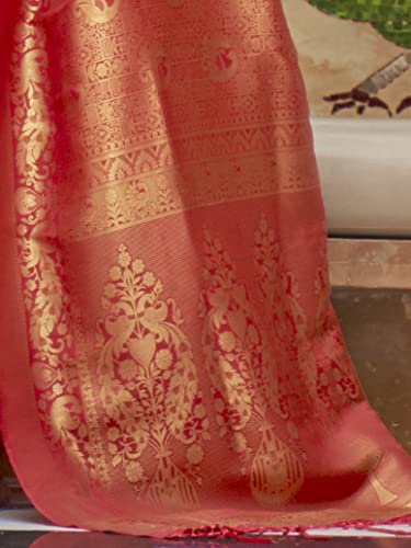 AKHILAM Women's Banarasi Silk Woven Design Saree with Unstitched Blouse Piece(Red_KINKB198006)