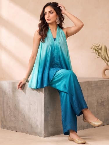 Varanga Women Blue A Line Kurta Palazzos Set Sleeveless Screen Print