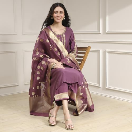 Biba Women's Blended Kurta Set (SKDASRTFES30458AW25OLDRS_Old Rose