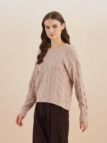 Latin Quarters Women's Beige Round Neck Full Sleeves Self Design Casual Sweater_L