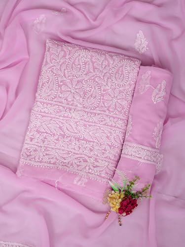 Ada Hand Embroidered Lucknowi Chikankari Unstitched Georgette Dress Material Suit Piece with Dupatta for Women 01A878921 Pink