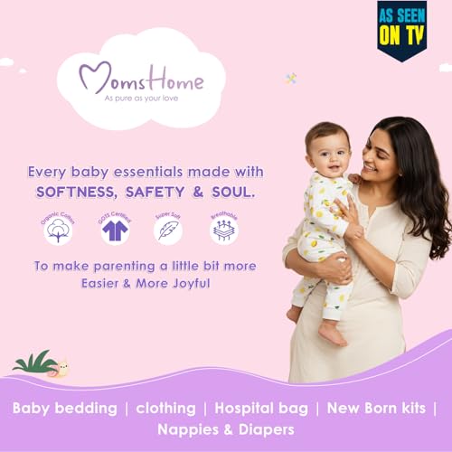MOM'S HOME Organic Cotton New Born Baby Unisex Onesie - Pack of 3 | 0-3 Months | Lemon, Blue, Heart