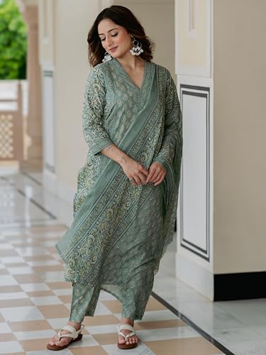 Arayna Women’s Cotton Printed Kurta Set with Pants & Dupatta | Elegant Ethnic Wear for Women | Floral Print | Comfortable Suit Set, Pastel Green, Small