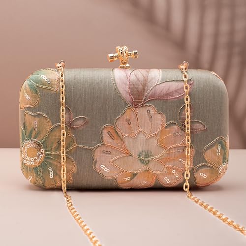 Artklim Pastel Grey Floral Printed Fabric Clutch Bag for Women – Stylish Clutch Purse | Hand Clutches for Women | Clutches for Wedding & Bridal Clutches Latest