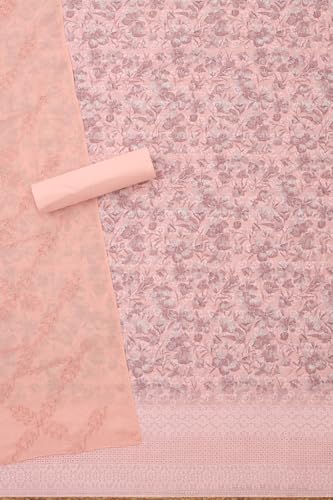 Soch Womens Peach Cotton Floral Print Unstitch Dress Material With Thread Work