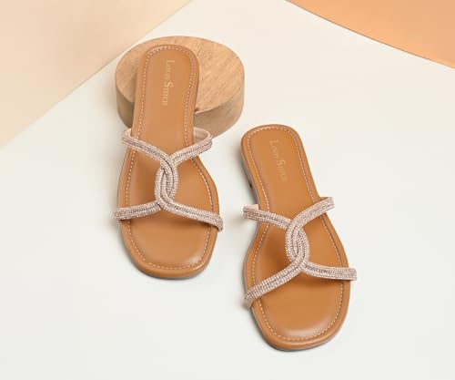 LOUIS STITCH Women's Fashion Flat Peach Pink Slip-On Sandals | Open Toe Cross Strap Flat Slipper for Ladies | LSOF-LDSL-CRCSSUL| (UK-7)