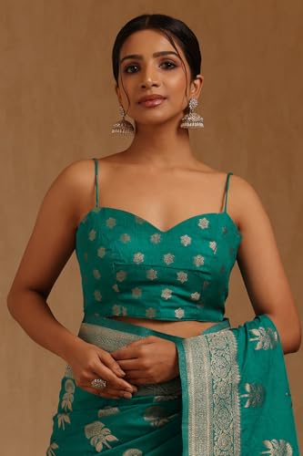 Soch Womens Teal Tussar Floral Zari Woven Saree