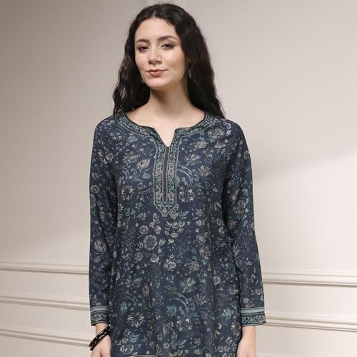Biba Women Indigo Polyester Straight Printed Kurti_38